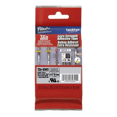 Brother TZES941 OEM .75" X 26.2' Extra Strength Super Adhesive Industrial Label Tape, Black on Matte Silver