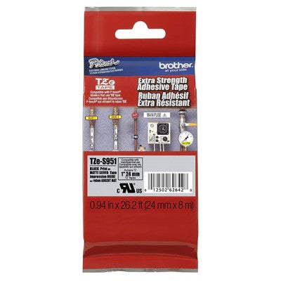 Brother TZES951 OEM 1" X 26.2' Extra Strength Super Adhesive Industrial Label Tape, Black on Matte Silver